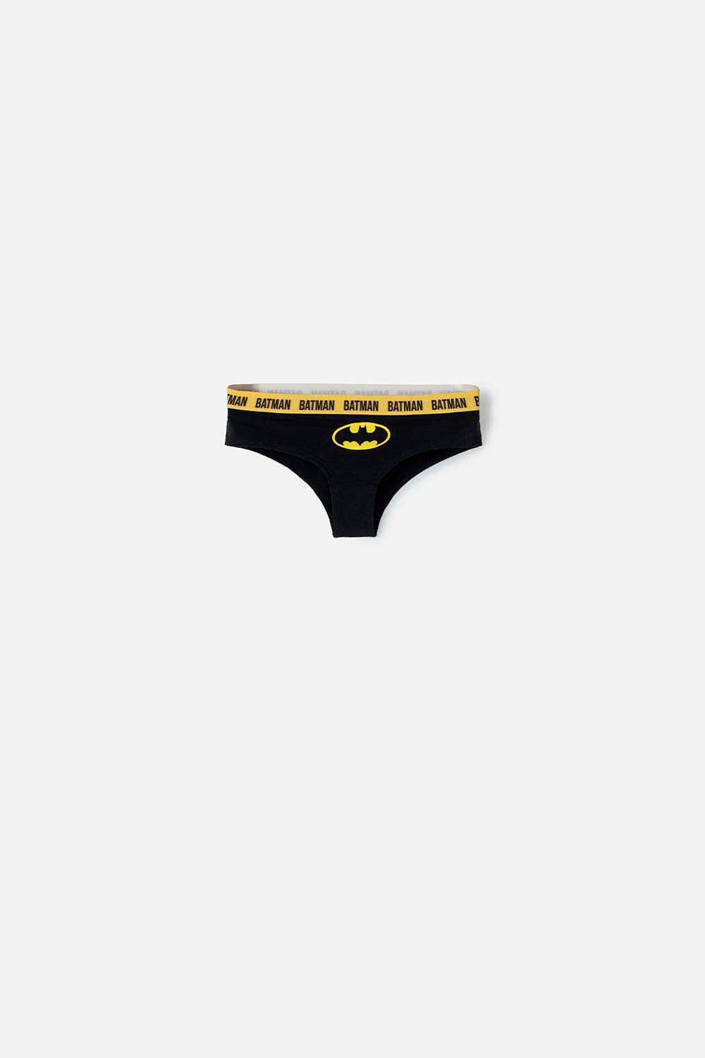 PANTY DE BATMAN NEGRA CON CINTURA ELÁSTICA AMARILLA PARA MUJER