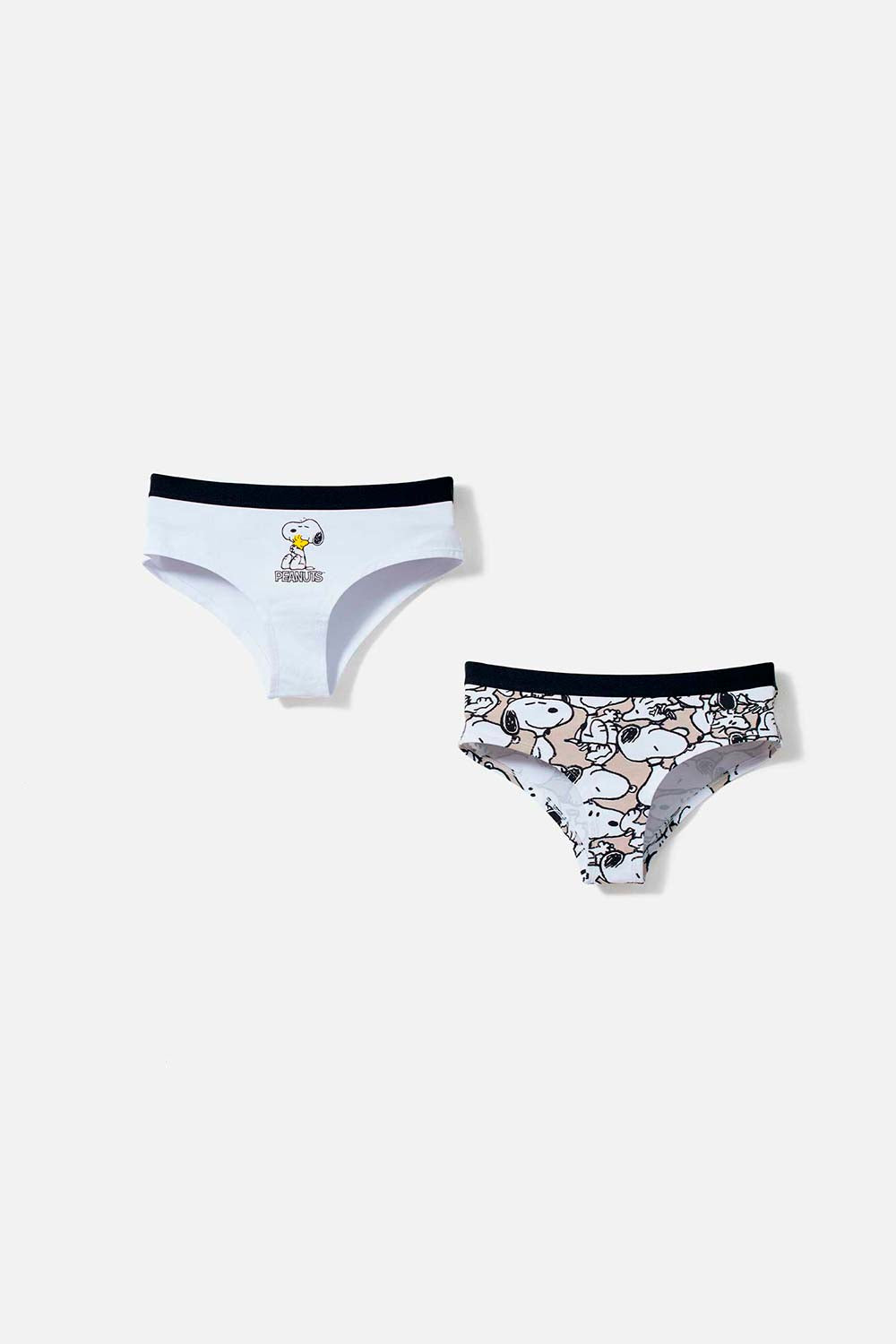 PACK X2 PANTIES DE SNOOPY CON CINTURA ELÁSTICA BLANCO Y CAQUI PARA MUJER