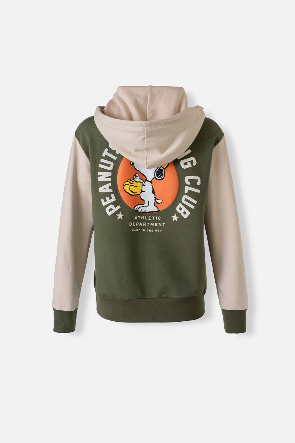 BUZO  DE SNOOPY CON CIERRE Y CAPUCHA VERDE Y CAQUI PARA MUJER