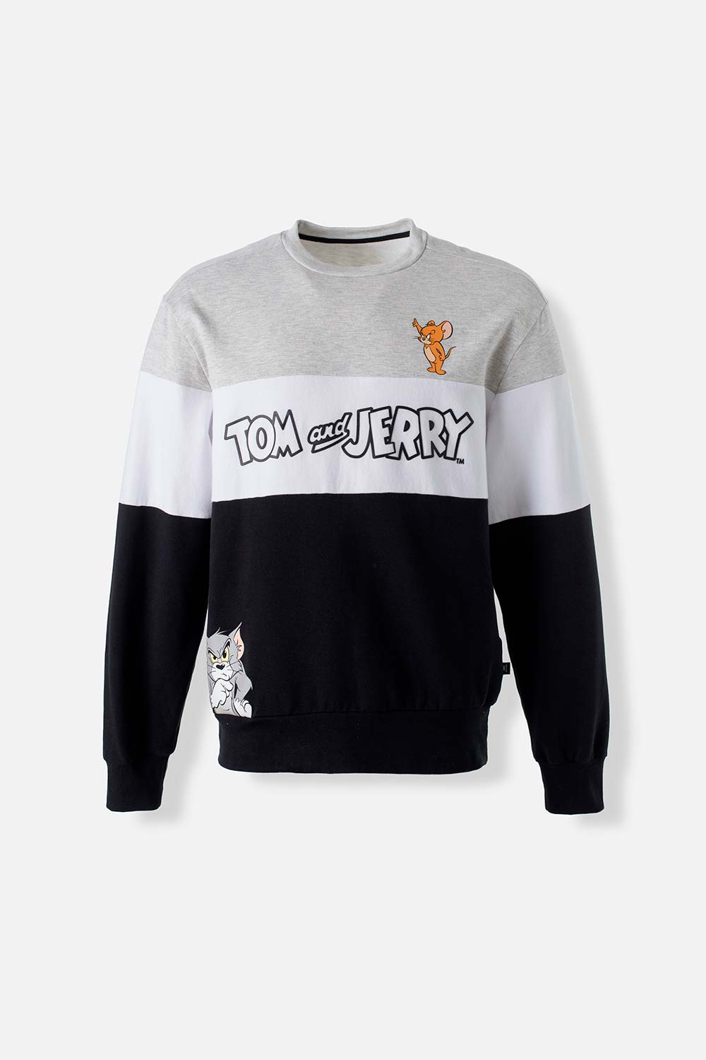 BUZO DE TOM Y JERRY GRIS JASPE, BLANCO Y NEGRO CERRADO PARA GÉNERO NEUTRO