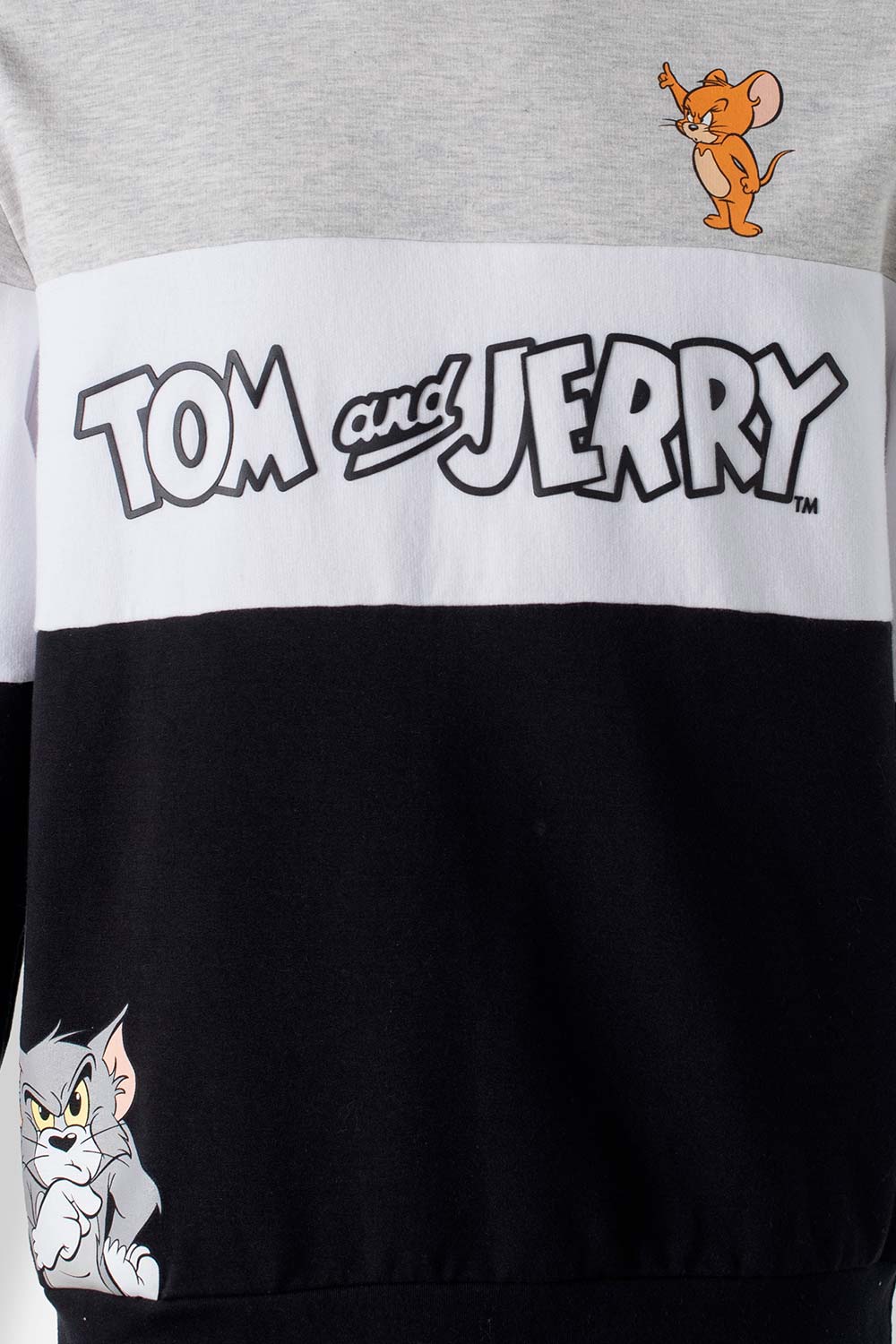 BUZO DE TOM Y JERRY GRIS JASPE, BLANCO Y NEGRO CERRADO PARA GÉNERO NEUTRO
