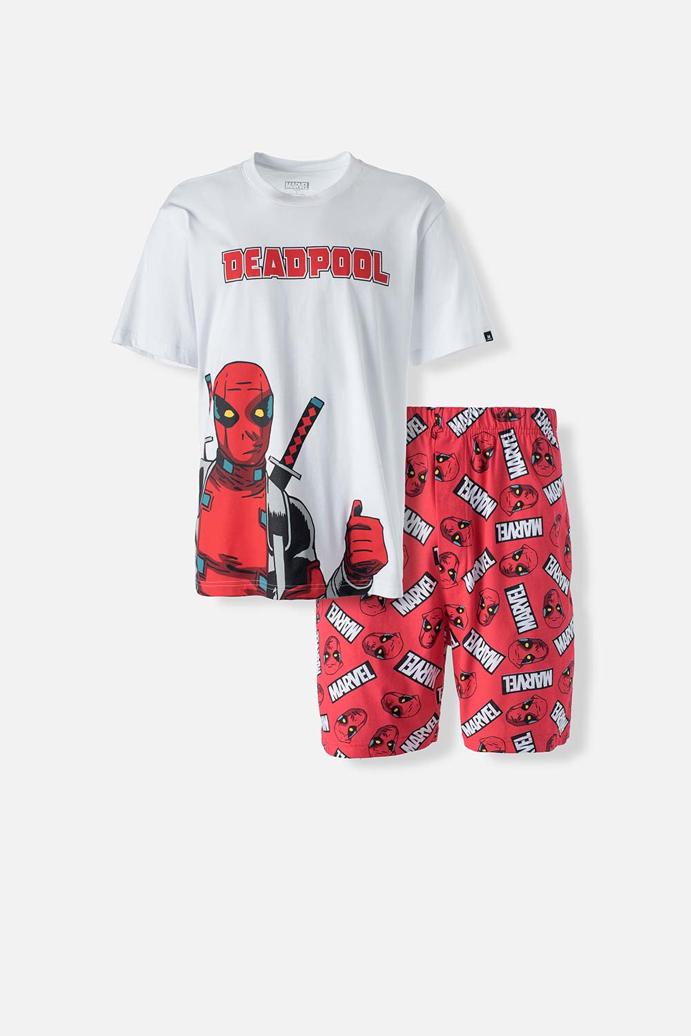 PIJAMA DE DEADPOOL BLANCA Y ROJA DE PANTALÓN CORTO PARA HOMBRE