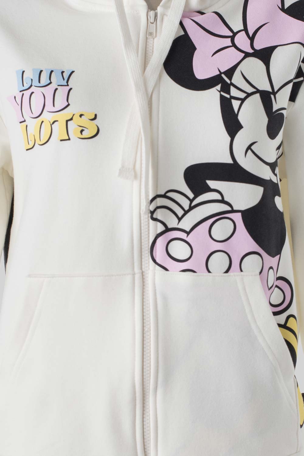 BUZO DE MINNIE MOUSE CON CIERRE Y CAPUCHA MARFIL PARA MUJER