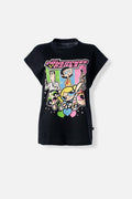 CAMISETA DE LAS CHICAS SUPERPODEROSAS NEGRA ESTAMPADA EN FRENTE PARA MUJER