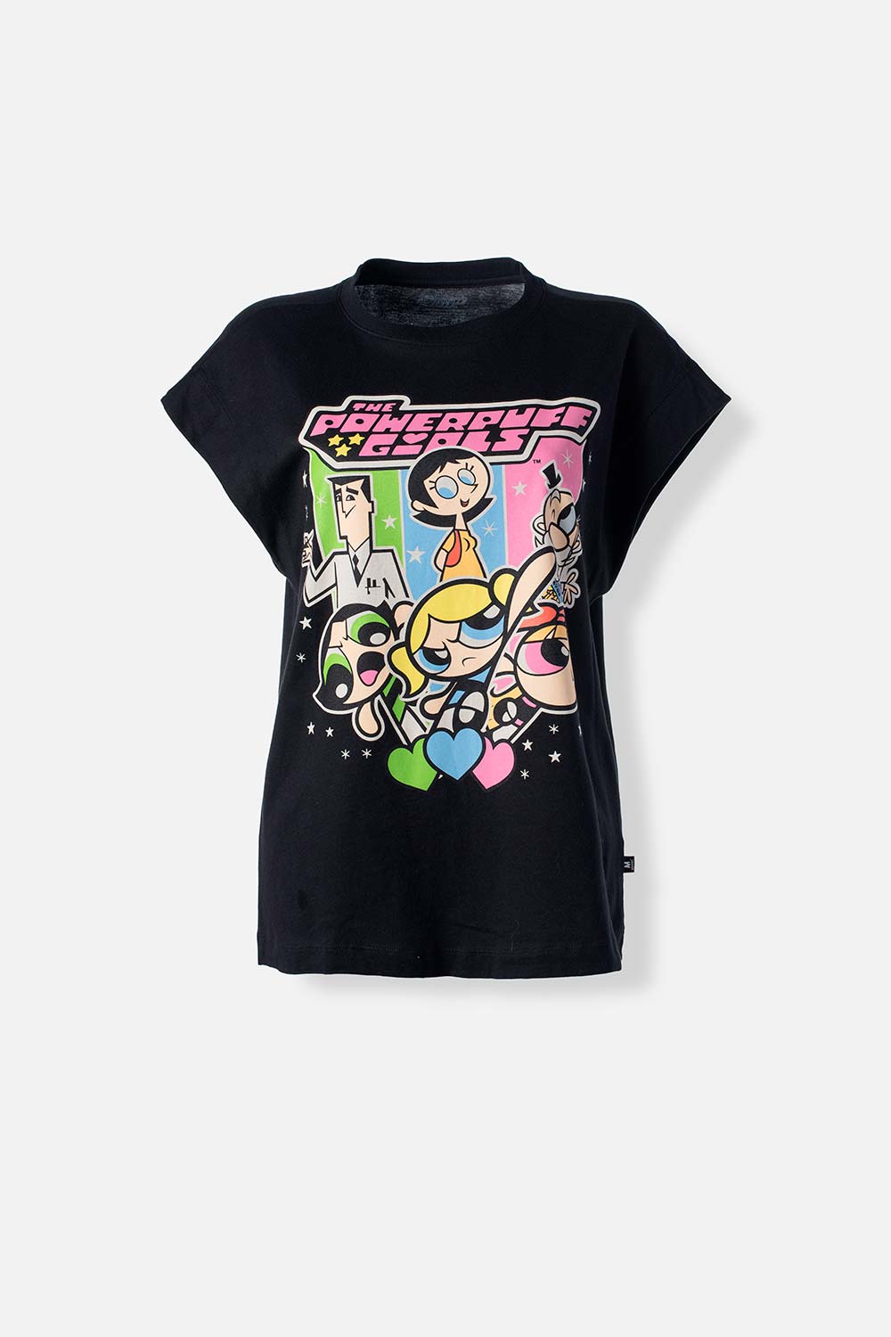 CAMISETA DE LAS CHICAS SUPERPODEROSAS NEGRA ESTAMPADA EN FRENTE PARA MUJER