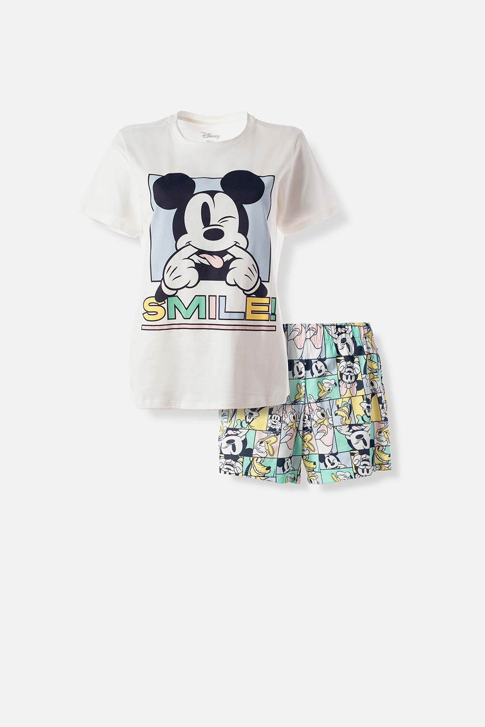 PIJAMA DE MICKEY MOUSE MARFIL Y MULTICOLOR DE PANTALÓN CORTO PARA MUJER