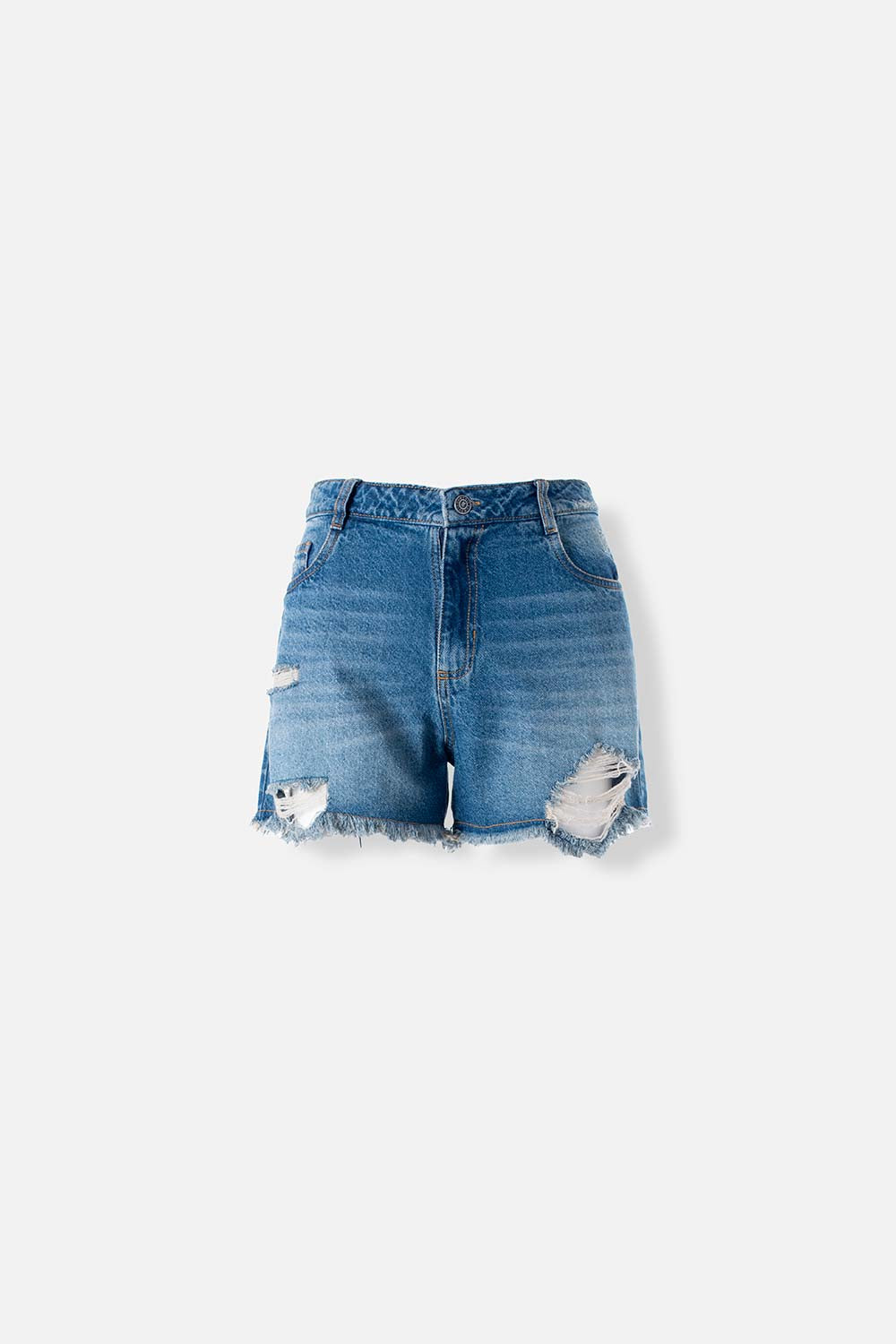 SHORT DE MOVIES EN DENIM TONO MEDIO CON ROTOS PARA MUJER