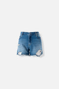 SHORT DE MOVIES EN DENIM TONO MEDIO CON ROTOS PARA MUJER